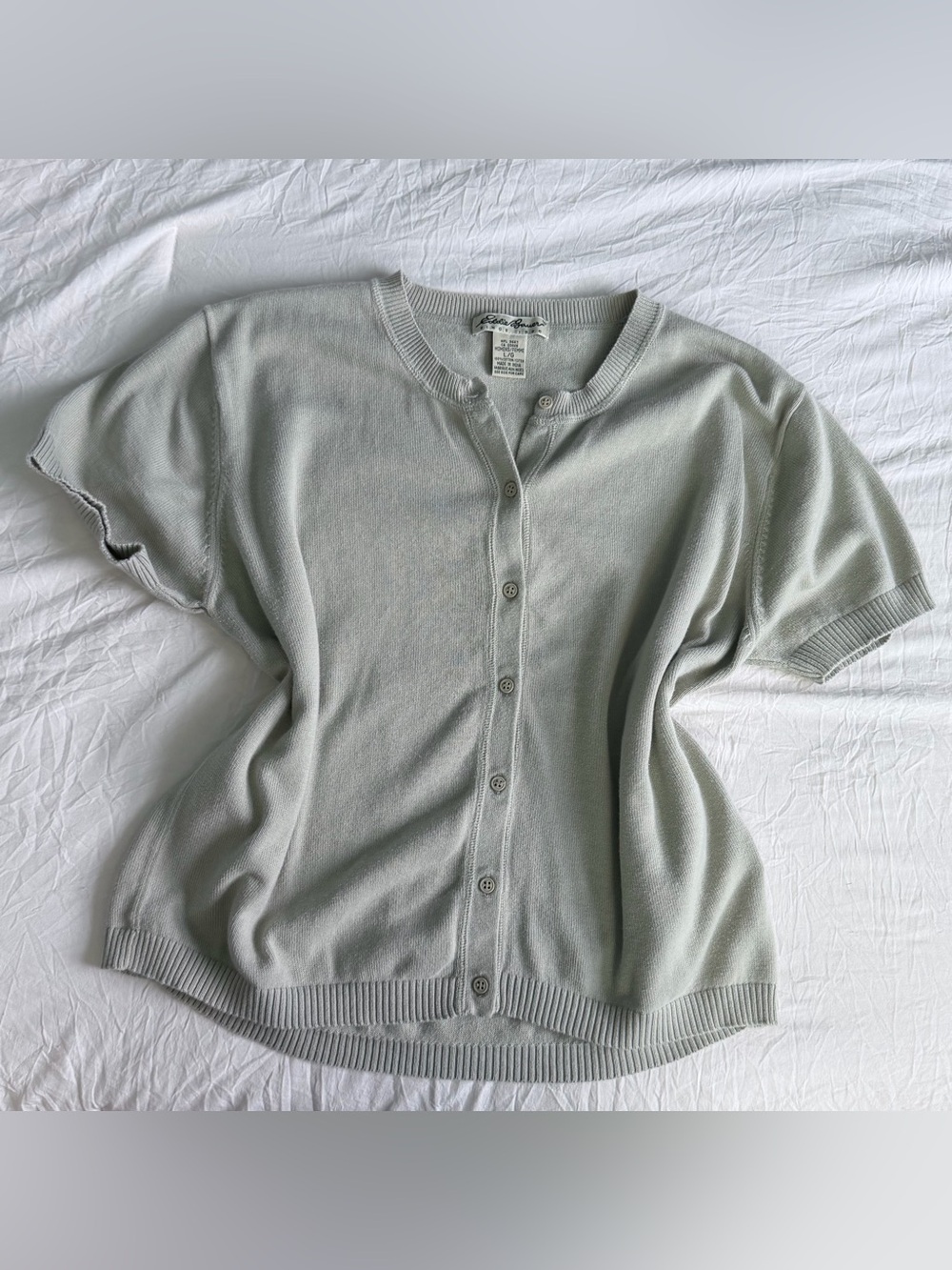 Vintage 90s Eddie Bauer Retro Gray Green 100% Cotton Short Sleeve Knit Cardigan